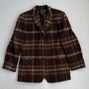 Vintage Ralph Lauren 100% Lambswool Plaid Tartan Blazer Jacket Broen/Tan Size 12